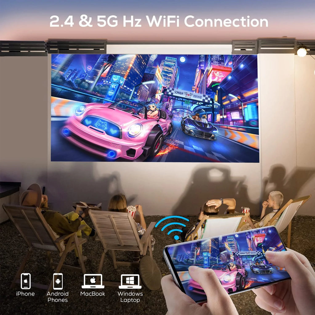 1080P Native Projector with 5G WiFi and Bluetooth 5.2, 9000 Lumens LED Brightness, 4K Support, 180-Inch Display, Portable Home Theater Projector with Carrying Bag