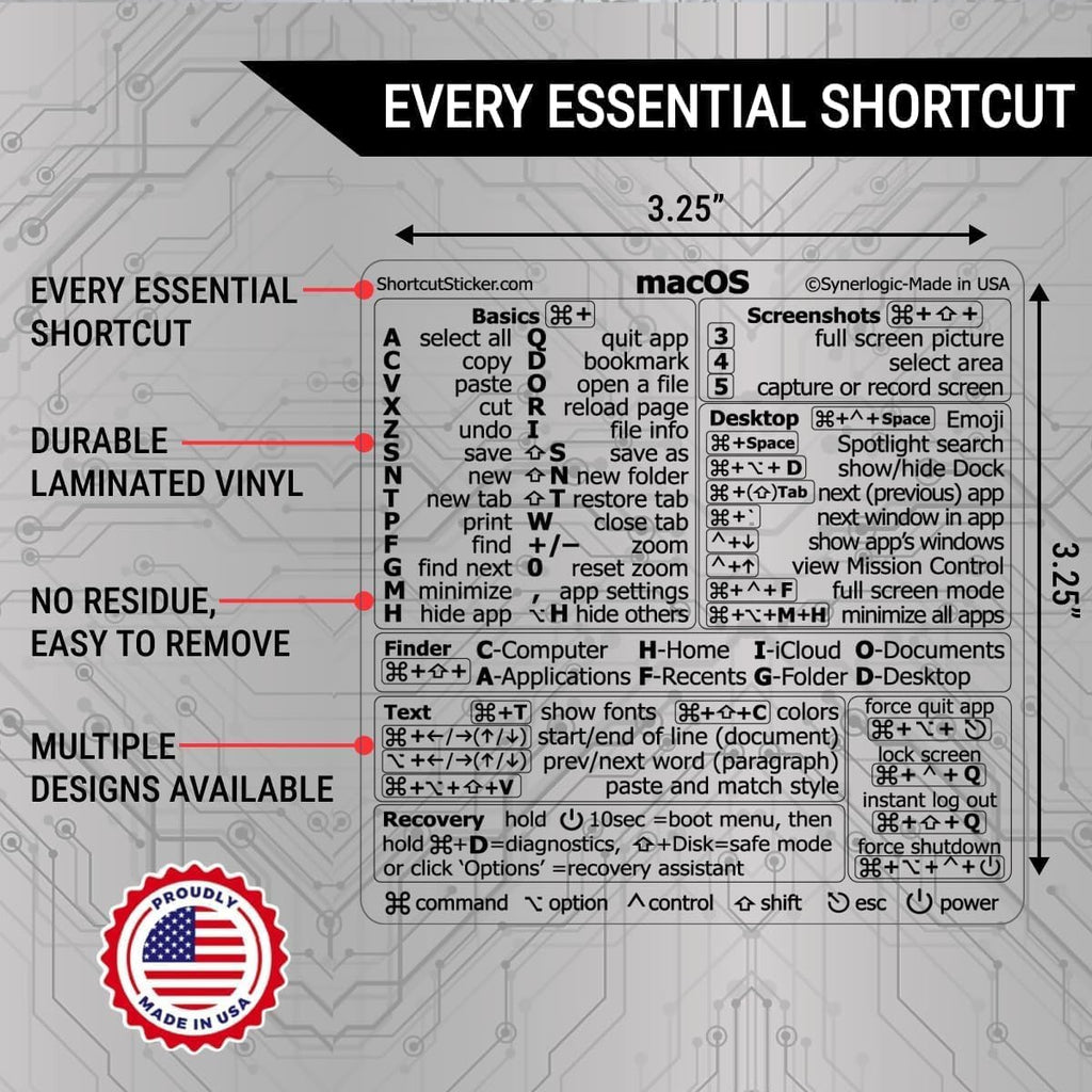 Mac OS Keyboard Shortcuts Sticker for Air/Pro | Laminated Vinyl Cheatsheet for Macbook | 2026 Edition (Clear/Black)